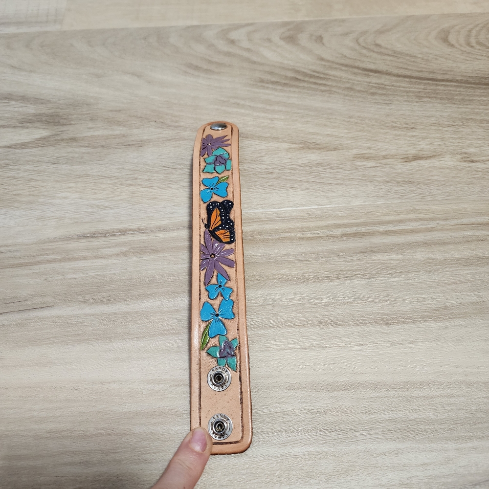 Handmade Leather Bracelet Butterfly Floral Painted Boho Cuff Snap Wrap